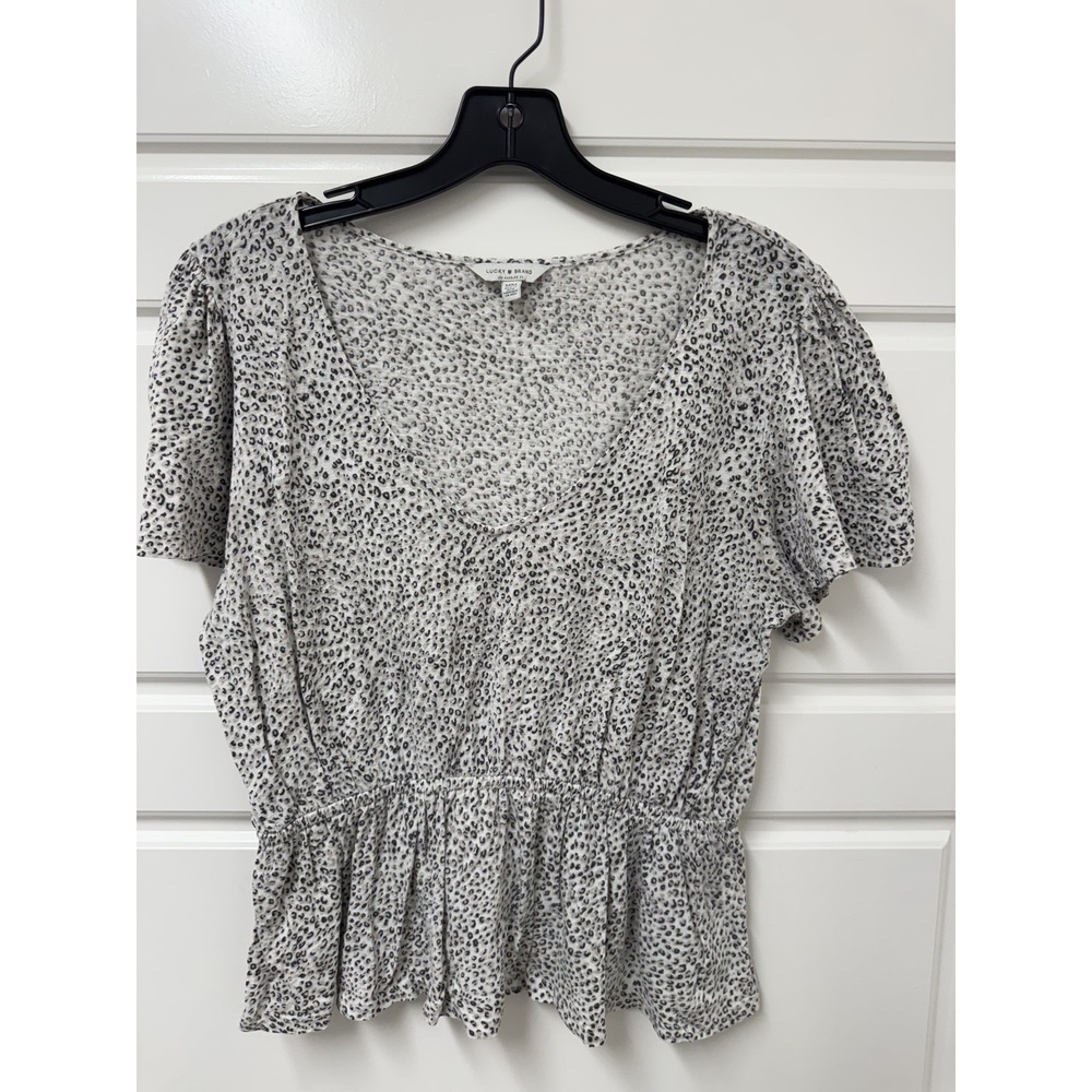 Lucky Brand Women V-Neck Flutter Sleeve Cinched Waist Leopard Print Top Medium